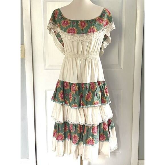 Vintage Young Edwardian by Arpeja Ivory Floral Lace Detail Ruffled Maxi Dress M - Picture 2 of 6